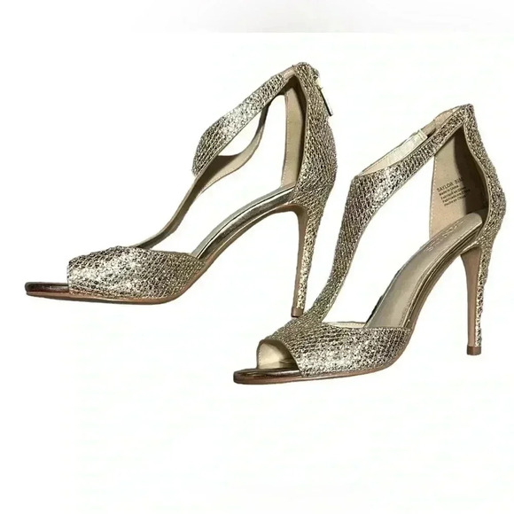 Davids Bridal Womens Sz 8 1/2 Gold Glitter Stiletto Heel Ankle Strap Zipper Heel - Picture 2 of 8